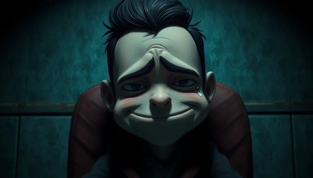 Close-up of a distressed, cheerful character named Harvey with a conflicted expression in a dark, clinical setting.