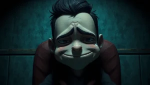 Close-up of a distressed, cheerful character named Harvey with a conflicted expression in a dark, clinical setting.
