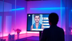 Futuristic digital interface with an AI character in a neon-lit environment, illustrating customization and interaction.