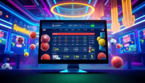 Digital illustration of an online sportsbook and casino platform with sports icons and glowing betting odds in a neon-lit environment.