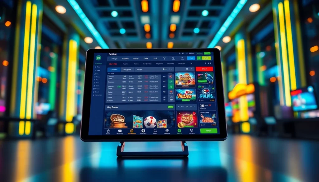 Digital sportsbook and casino platform with betting odds and live game graphics in a vibrant, high-tech environment.