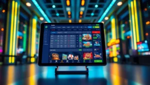 Digital sportsbook and casino platform with betting odds and live game graphics in a vibrant, high-tech environment.