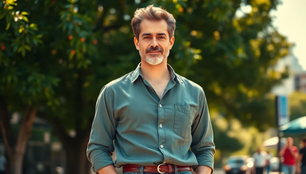 A confident mature man standing outdoors, stylishly dressed in casual attire, with a warm and inviting expression.