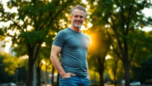 A confident man in casual attire standing in a park during golden hour with city buildings in the background.