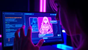 Close-up of a person interacting with a femdom-themed AI chatbot on a futuristic digital device with neon lighting.