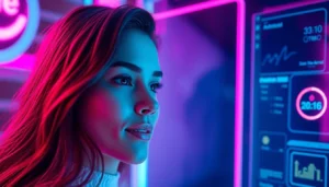 AI girlfriend engaging in a virtual conversation on a sleek digital interface, highlighting emotional connection and modern design.
