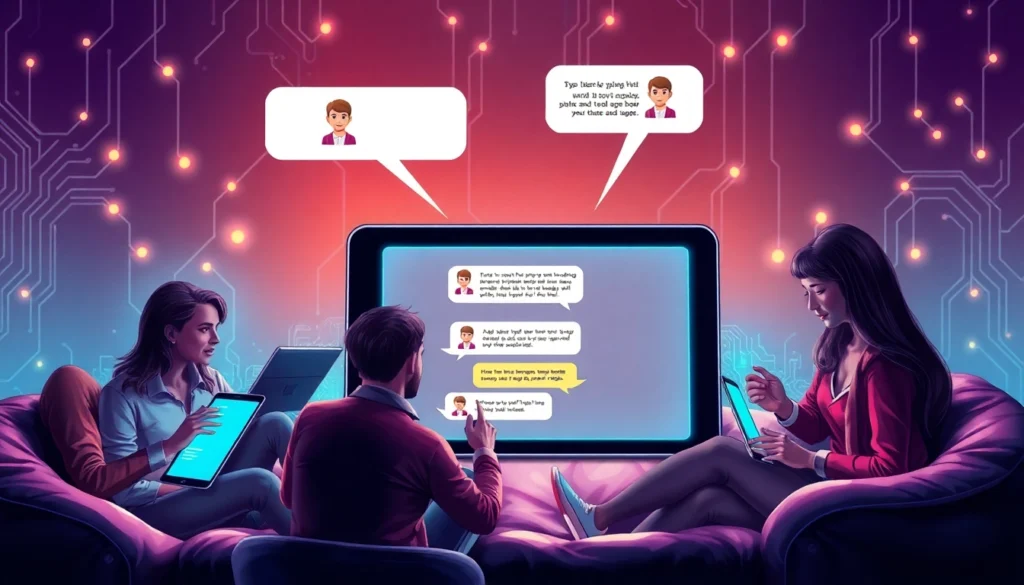 Modern devices displaying AI chat conversations in a vibrant, high-tech environment.
