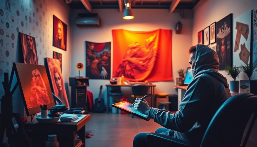 Hands-on with an ai image generator no restrictions, producing stunning digital artwork in a sleek studio setting, highlighting unbounded creative potential.