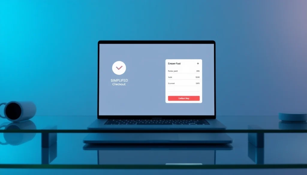 Technology-driven checkout UX shown on a laptop with interactive cart flows.
