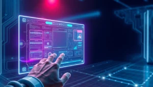 Futuristic AI workspace with holographic image editing interface glowing in neon colors