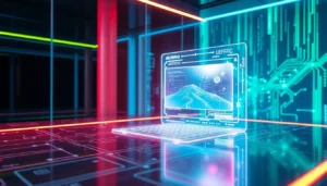 Futuristic AI image editing interface with holographic displays and vibrant colors