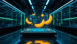 Futuristic AI interface with banana-shaped icons and data visualizations in a high-tech lab setting.