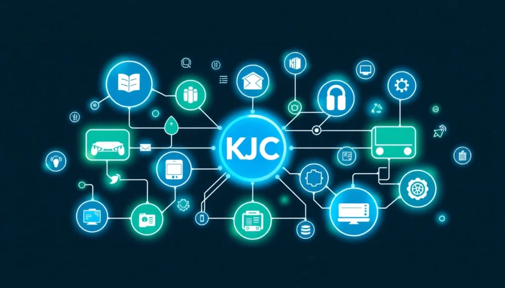 KJC digital ecosystem connecting global platforms with innovative interface and vibrant branding, highlighting technological integration and connectivity.