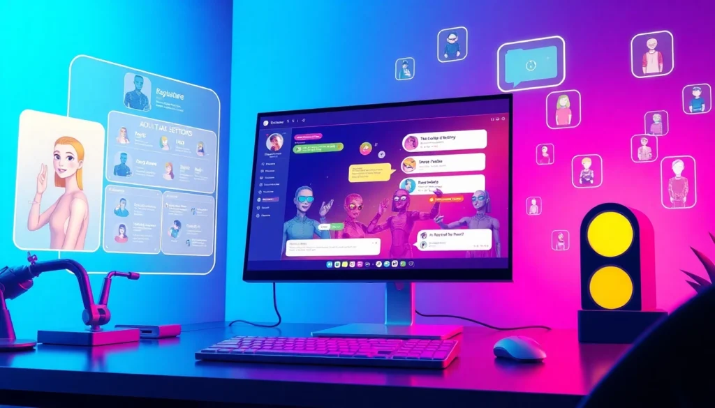 A futuristic computer workspace showcasing AI chat interfaces and customization features.