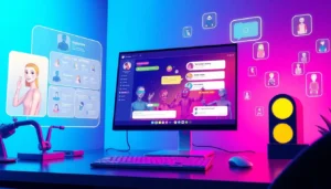 A futuristic computer workspace showcasing AI chat interfaces and customization features.