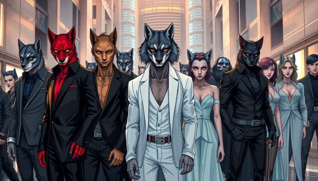 Illustration of a futuristic society inspired by the Omegaverse, featuring diverse humans with wolf-like features and social hierarchy.