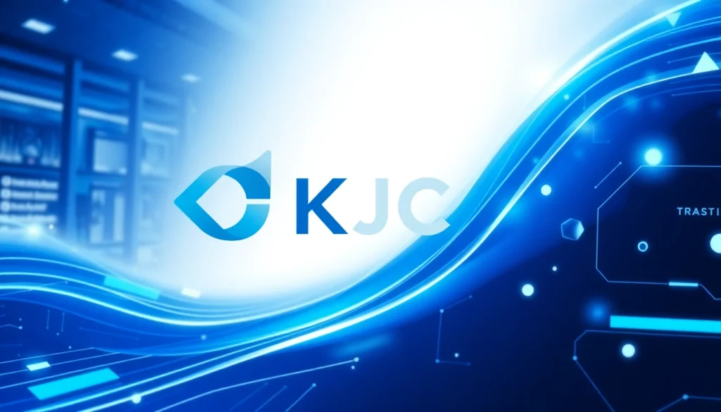 KJC branding logo displayed on a professional digital interface with vibrant blue accents