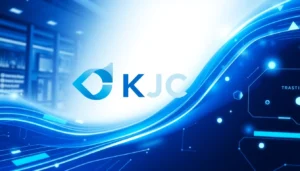 KJC branding logo displayed on a professional digital interface with vibrant blue accents