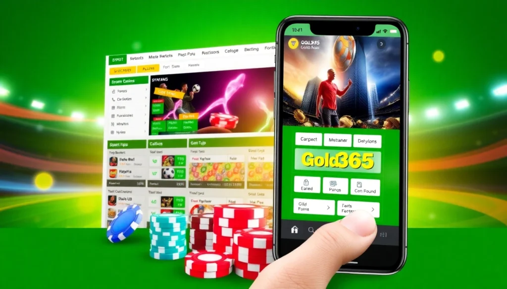 Gold365 online betting platform with sports and casino games, vibrant visuals for user action