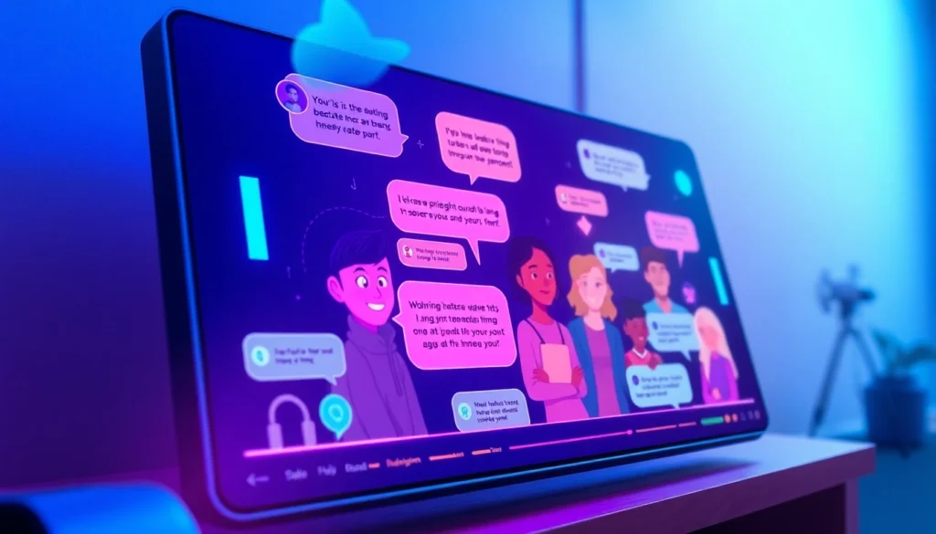 Digital illustration of a futuristic chatbot interface with animated characters engaged in lively conversations, neon accents, and modern background.