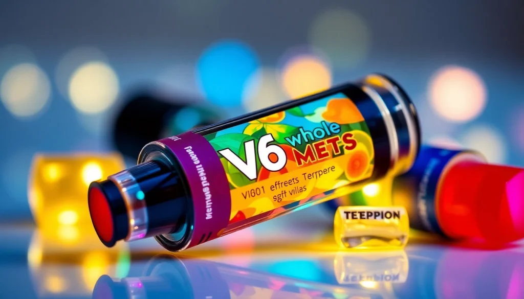 High-quality photo of whole melt v6 disposable cartridge showing colorful branding and