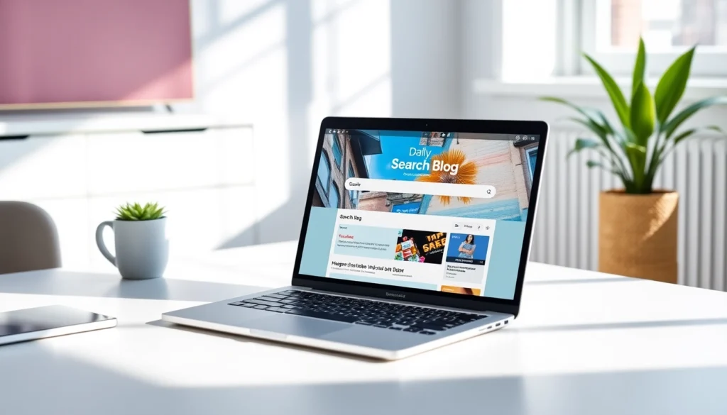 Daily Search Blog homepage on a laptop screen in a sleek workspace, showcasing digital search insights.