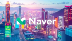 Navigate the world of Naver with this vibrant graphic featuring the Naver logo on a bustling Korean urban backdrop, highlighting innovative tech features and app interfaces, designed for global visibility.