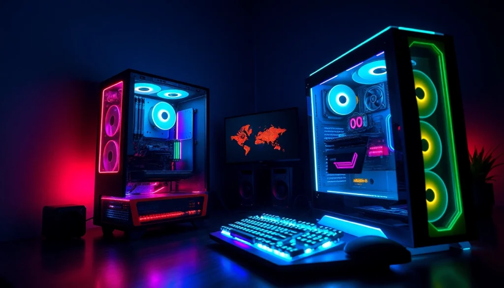 Gaming Desktops showcasing high-performance builds with RGB lighting, advanced graphics, and gaming accessories for immersive gameplay.