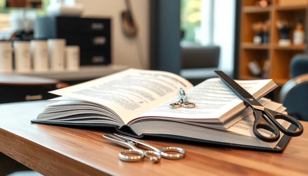 Hair cutting textbooks shown open with styling tools on a salon work surface for educational