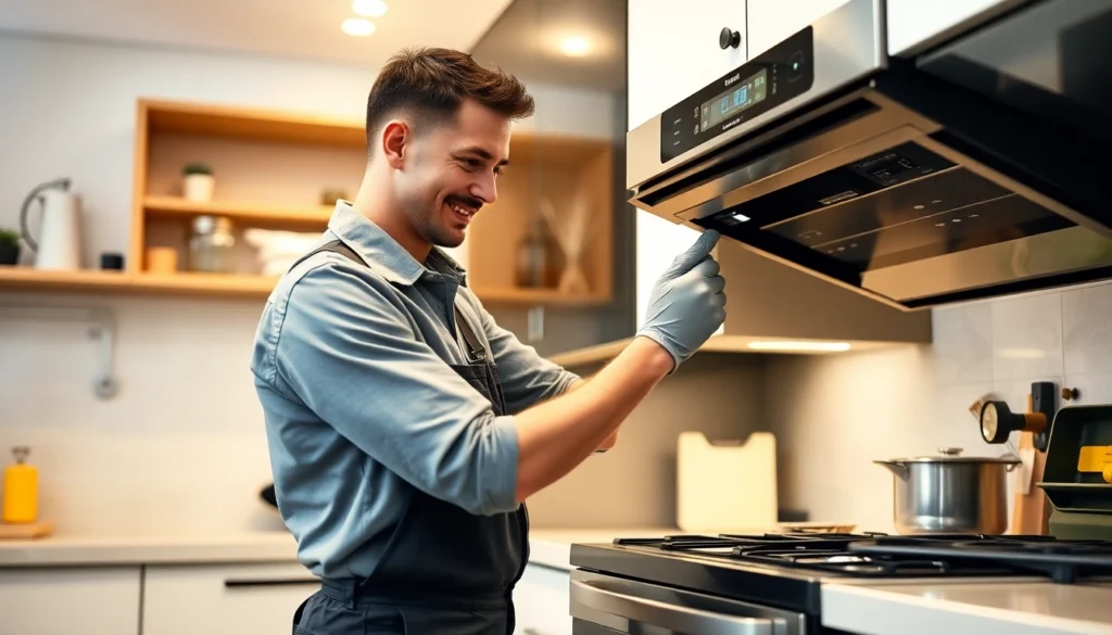 Professional appliance repair Toronto technician fixing washing machine in a clean kitchen to