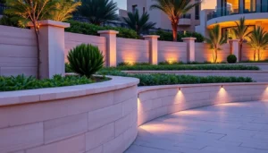 Professionally built retaining walls in Dubai showcasing durable concrete with lush greenery