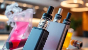 Vape device showcasing sleek design and vibrant vapor liquid, perfect for adult users seeking