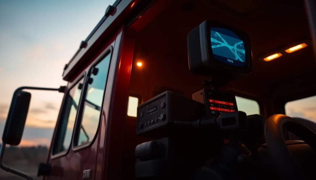 Truckers navigating through busy highways using advanced GPS systems in a modern truck cab