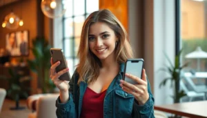 Young woman confidently sends plan cul nudes via smartphone in a cozy setting, emphasizing