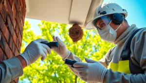 Professional pest control technician inspecting a wasp nest on a building exterior under bright sunlight.