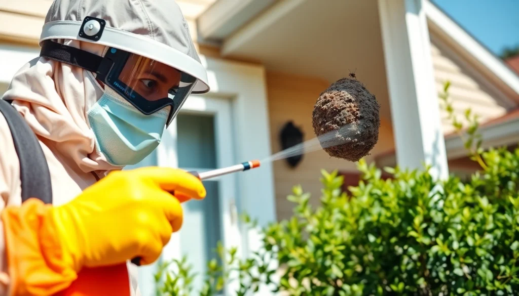 Technicus voert wespenbestrijding uit bij een nest op een woning