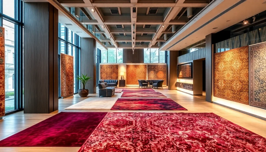 Tappeti a Milano displayed in a stylish showroom with colorful rugs and modern decor to attract