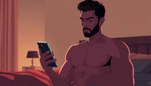 Someone confidently sending a plan cul message on their smartphone in a cozy, intimate setting,