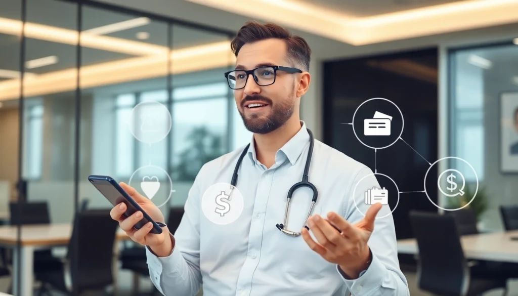 Professional financial advisor explaining process using a smartphone and digital interface to