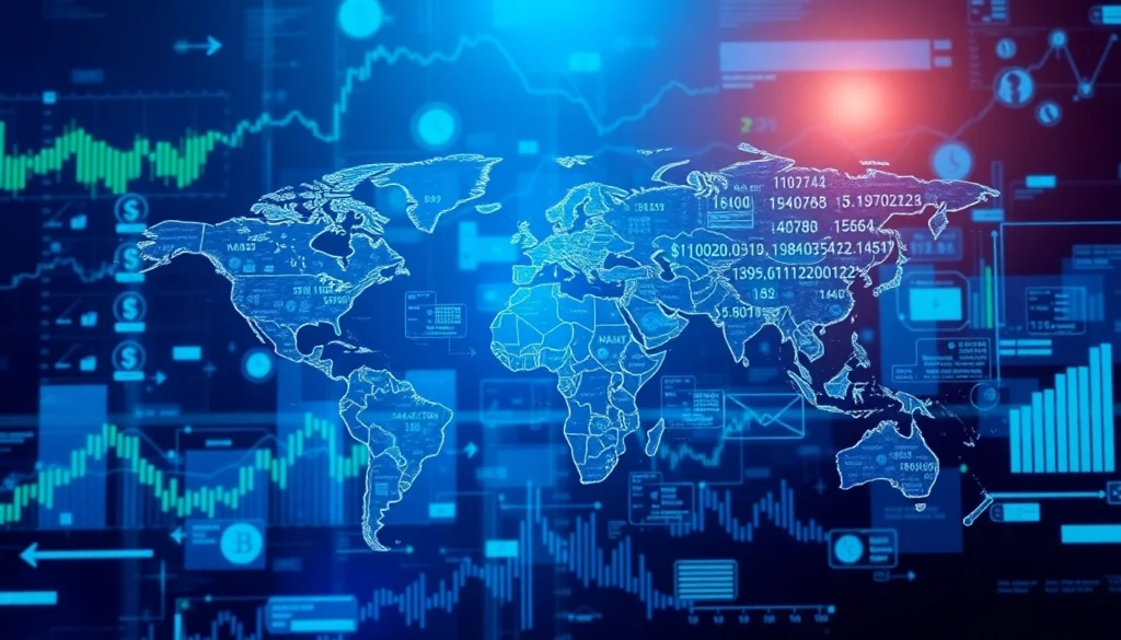 Global Market News platform offering real-time financial charts, currency icons, and world map
