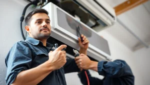 Experienced performing repair on an air conditioning system with professional tools in a modern