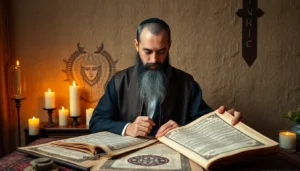 Professional berlin medyum performing spiritual rituals with mystical symbols and ancient scrolls