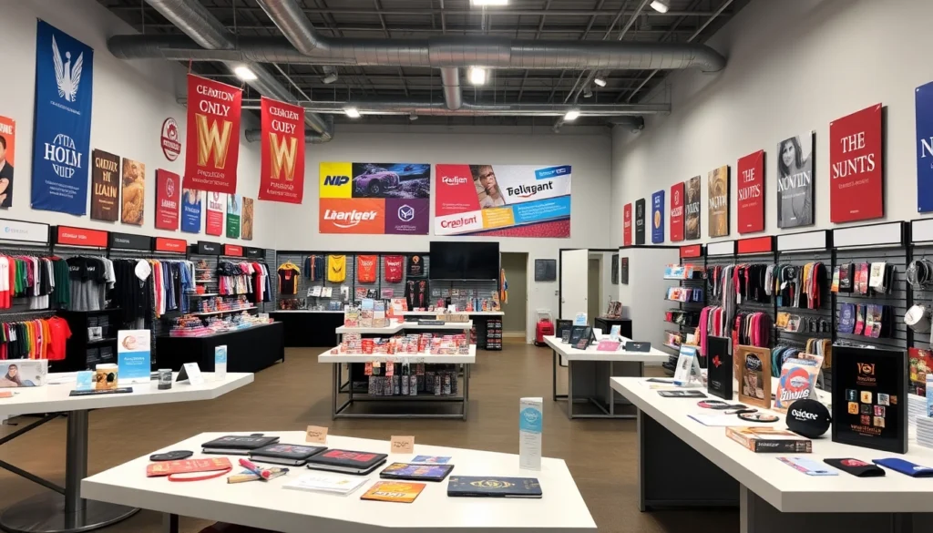 Showcase of promotional products in Louisville including apparel, awards, and drinkware at a