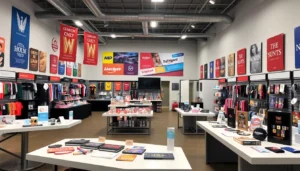 Showcase of promotional products in Louisville including apparel, awards, and drinkware at a