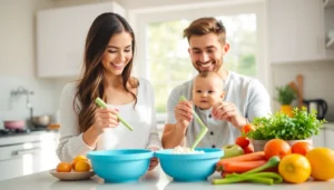 Engaging scene of parents preparing alimentazione naturale per svezzamento bambini with
