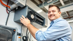 Skilled diagnosing and repairing air conditioning system with professional tools and equipment