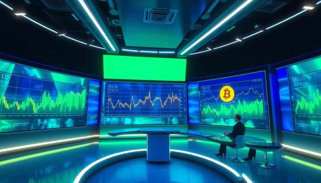 Cryptocurrency News UK featuring a professional newsroom with Bitcoin trend charts and digital