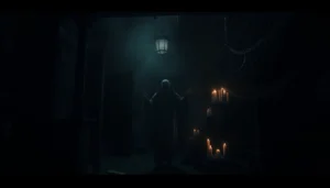 Engaging horror video scene with intense shadows and a spooky atmosphere enhancing fear and suspense for viewers browsing online content.