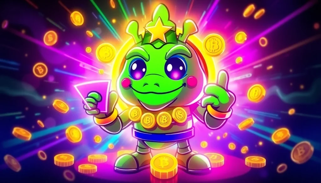 Pepe Coin crypto mascot engaging in GambleFi games on a multi-chain background for community