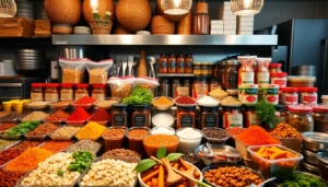 Assorted cooking pastes, chutneys, spices, sauces, and ready-to-eat food items showcasing
